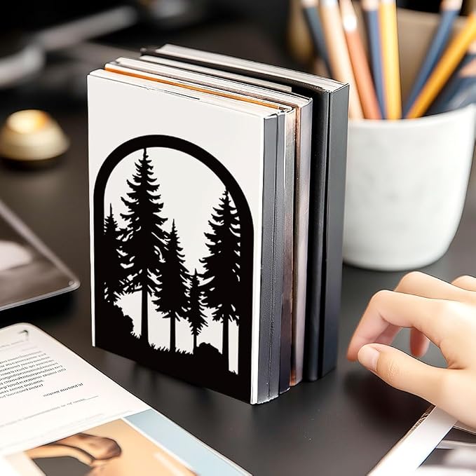Forest Book Shelf Decorative Bookends for Shelves, Book Ends for Heavy Books, Black Pine Tree Metal Bookends for Desk Organizer, Office Library Decor Decorative Books for Home Decor