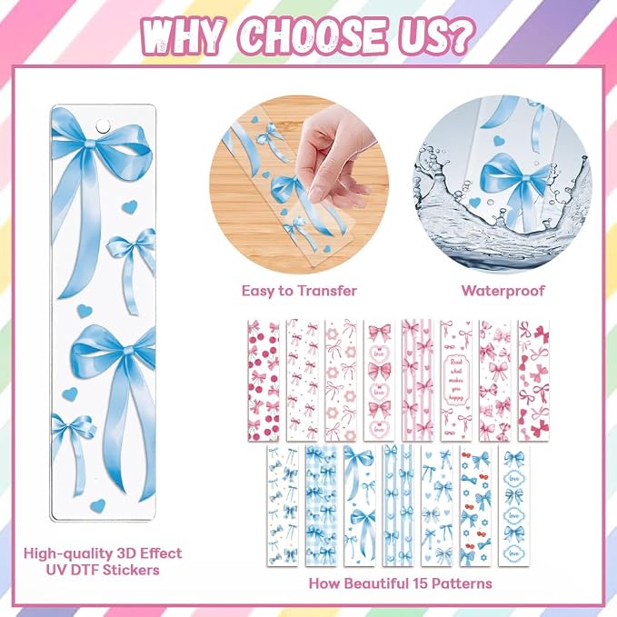 Peacoblue 30pcs UV DTF Bookmarks Transfer Stickers Wraps Bows for Women Men Reading, Waterproof Bookmarkers Decal(No Blank Bookmarks) for Acrylic Plastic Metal Blank Bookmark