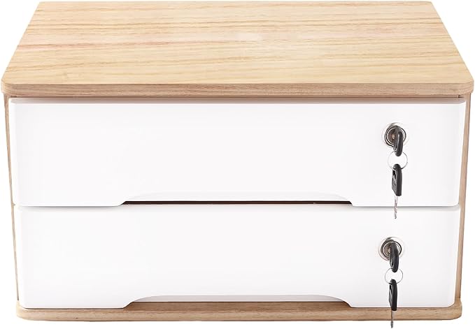 Lockable Desk Organizer Wooden Desktop Drawers Office Flat Files Storage Box Locking Countertop Storage Cabinet (Wood Color + White, 2-Tier)