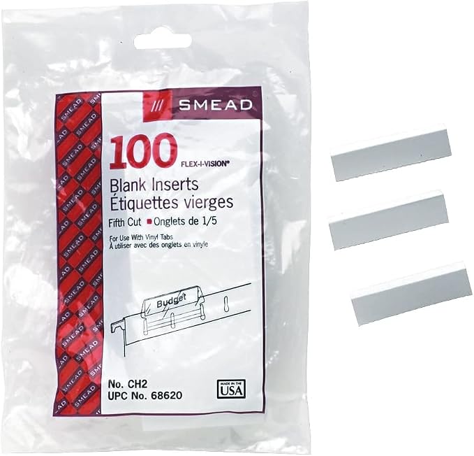 Smead Replacement 1/5-Cut Poly Tab Paper Inserts, White, Blank, 100 Per Pack (68620)