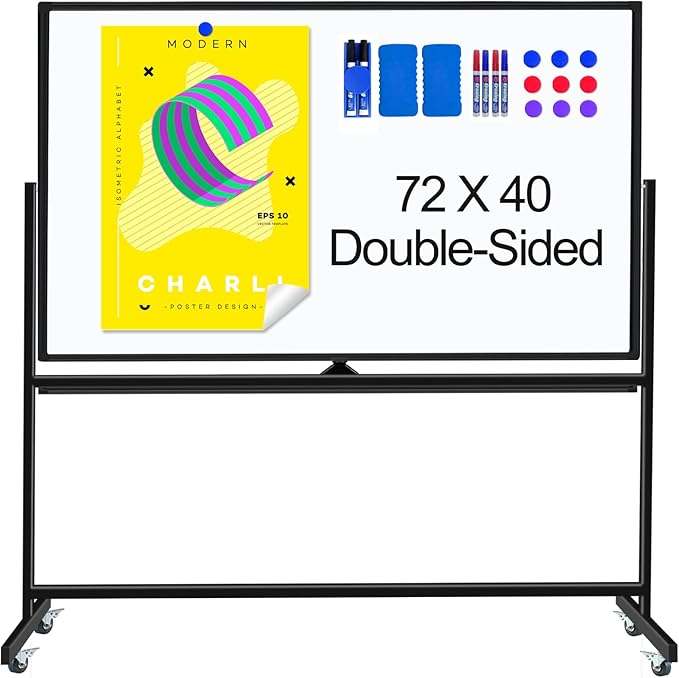 Rolling White Board on Wheels 72 X 40, Double-Sided Magnetic Large Rolling Whiteboard Dry Erase Board with Stand, Mobile Standing Whiteboard for Office, Classroom & Home
