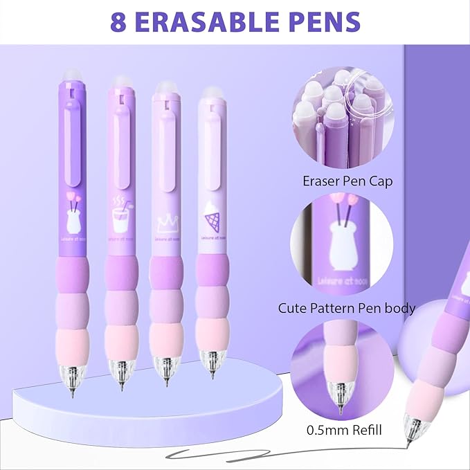 8Pcs Cute Purple Erasable Pens Aesthetic Retractable Erasable Gel Pens Cartoon Erasable Gel Ink Pens 0.5mm Black Ink - Retractable, Office School Supplies