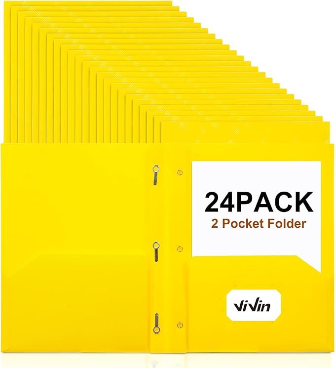 ViVin Plastic Folders with Pockets and Prongs,24 Pack,Heavy Duty 2-Pocket File Folder with 3 Fasteners,Fits Letter Size Paper,for School Home and Office(Bright Yellow)