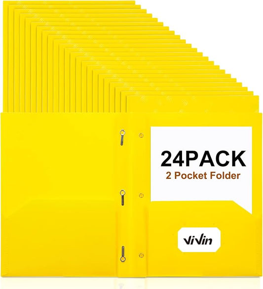 ViVin Plastic Folders with Pockets and Prongs,24 Pack,Heavy Duty 2-Pocket File Folder with 3 Fasteners,Fits Letter Size Paper,for School Home and Office(Bright Yellow)
