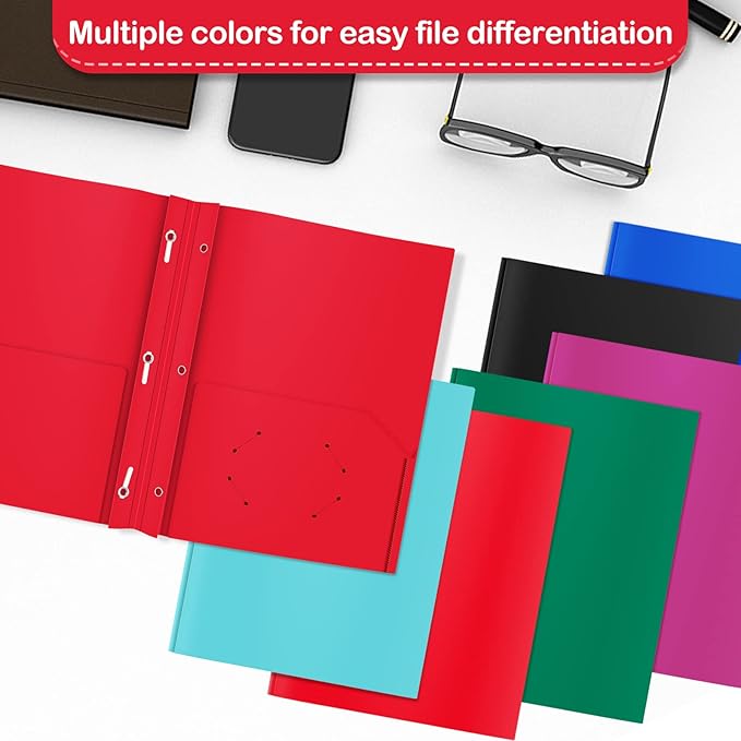 ViVin 12 Pack Plastic Folders with Pockets and Prongs, Heavy Duty 2 Pocket Folders with 3-Prong Fasteners, Poly File Holds 8-1/2" x 11" Paper for School Office Home (Red)