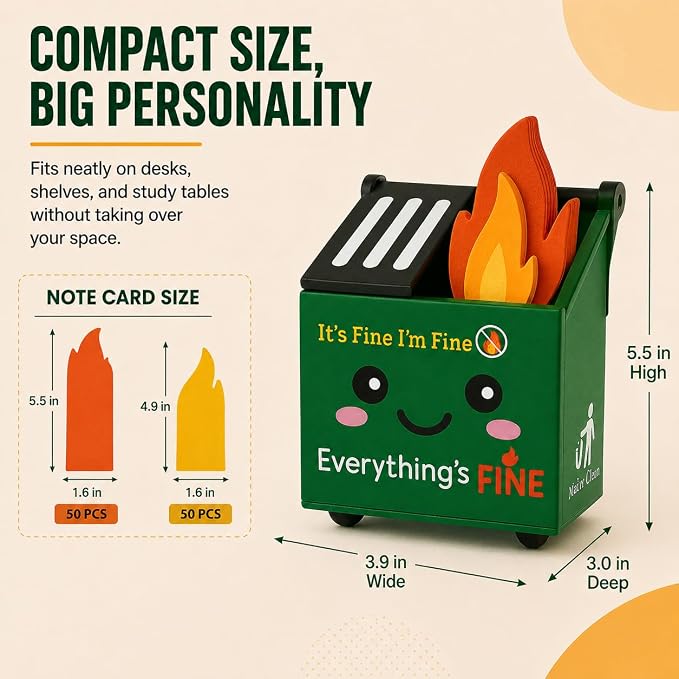 Desk Dumpster Fire Pen Holder – Everything’s Fine Funny Office Desk Decor, Mini Trash Can Pencil Holder Organizer with Flame Note Cards, Stress Relief White Elephant Gag Gift for Coworker