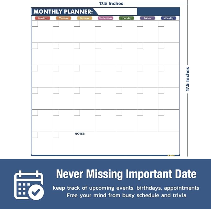 HOMiDEK Magnetic Dry Erase Calendar for Refrigerator - Large Fridge Whiteboard Calendar - Magnet Monthly Planner Family Planning Board with Dry Erase Markers & Eraser - 17.5 x 17.5 Inches