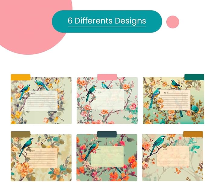 12pcs Decorative File Folders Birds Desing Letter Size, with Notes, Cute Folders with Floral Branches,1/3 Cut Tab, Matte Paper Archival Colored