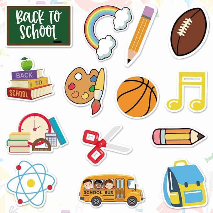 56 Pieces Back to School Cutouts Bulletin Board Decoration, First Day of School Cutouts Colorful Apple School Bus Cardboard Craft Rainbow Cut-Outs for School Classroom Kindergarten Party Supplies