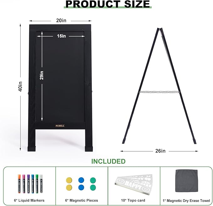 Large Sandwich A-Frame Chalkboard Sign - 40 x 20 Inches Magnetic Wooden Chalk Board for Sidewalk, Stand up Double-Sided Outdoor Easel Display for Restaurant Cafe Shop Wedding Party or Business（Black）