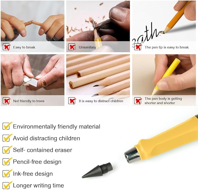 Ainiv Inkless Pencil Forever Pencil, 6 Sets Infinity Pencil Everlasting Pencil with Eraser, Reusable Infinite Pencil with Extra 6 Replaceable Nibs, Endless Pencil for Home Office School Supplies