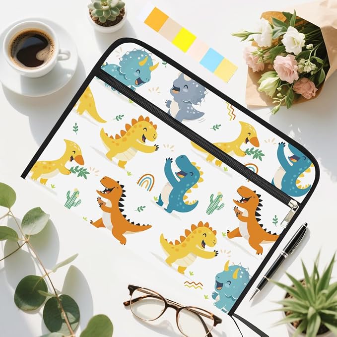 WEBEEDY Abstract Dinosaurs 13 Pockets Expanding File Folder with Labels and Zipper, Cute Dinosaurs Plants Prints Accordion Folder Portable File Organizer for A4 Paper Document Receipt Paperwork Office