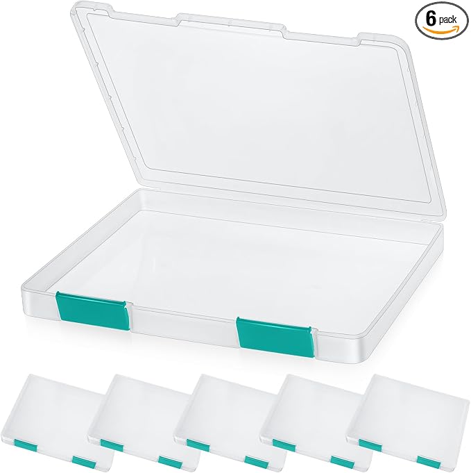 PerKoop 6 Pcs Clear Paper Storage Box A4 Plastic File Box Document Paper Organizer Storage Board Game Project Cases Containers with Buckle for Craft, Magazine(12.4 x 9.84 x 1.18 Inches,Dark Green)