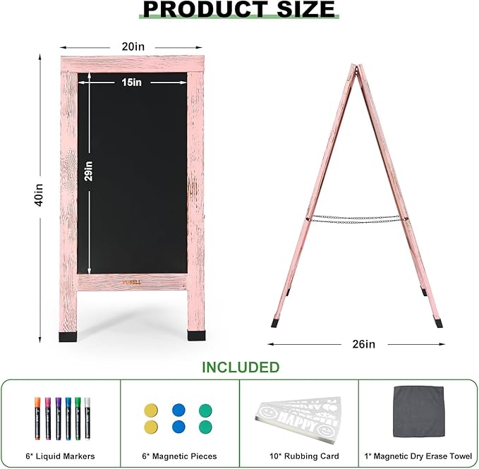 Large Sandwich A-Frame Chalkboard Sign - 40 x 20 Inches Pink Magnetic Wooden Chalk Board for Sidewalk, Stand up Double-Sided Outdoor Easel Display for Restaurant Cafe Shop Wedding Party or Business