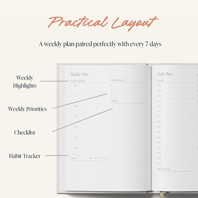 Yop & Tom Undated Daily Planner - Productivity Planner with Flower Vase Illustration - Weekly and Daily Organizer with Time Slots