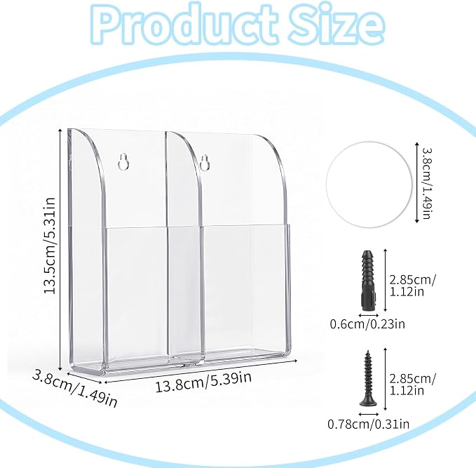 2-Compartment Remote Control Holders Wall Mount, Transparent Wall Pen Holder Wall Mount Storage Box Organizer Remote Holder for Home Office, Includes Adhesive & Screws