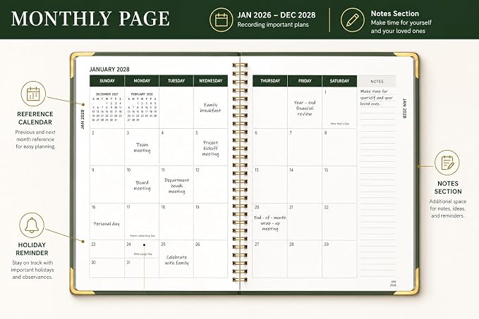 Monthly Planner 2026-2028, Hardcover 3 year calendar 2026-2027-2028 Calendar Book from Jan 2026 - Dec 2028, 9“ x 11”, Spiral Bound,Organizer for Office, School, and Home,Green