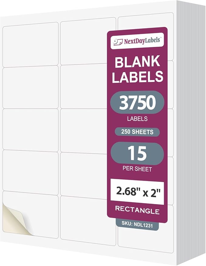 NextDayLabels 2.69x2 Inch Rectangle Stickers White Blank Labels for Laser Inkjet Printer - 15 Per Sheet Self-Adhesive Shipping Name Tags Product Made in USA - 3750 Labels
