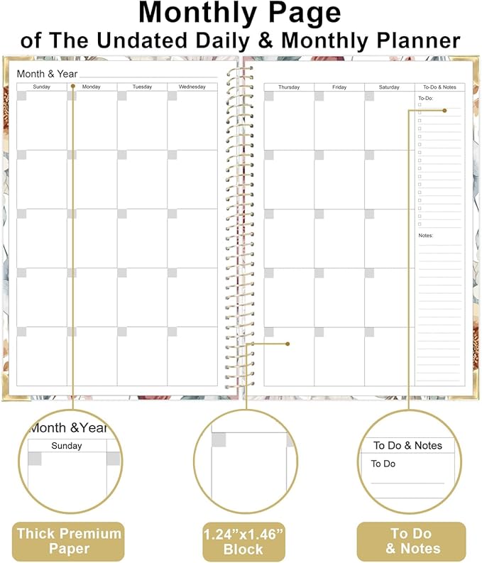 Undated Daily Monthly Planner for 2026 or Anytime - A5 To Do List with Hourly Schedule, Hardcover Spiral Bound Daily Planner to Increase Focus, Stylish School/Office Supplies, 5.8" x 8.5", Flower