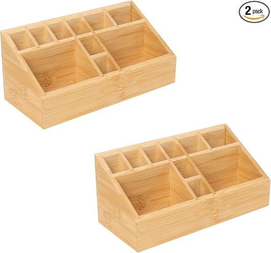 2 Pack Bamboo Art Supply Organizer, Pen Holder Wooden Desktop Storage for Artists, Office Supplies, Makeup Brushes,Minimalist Desk Accessory for Home Studio, Classroom or Vanity
