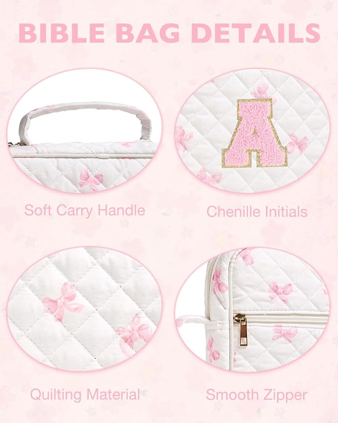Nayno Personalized Initial Bible Cover Case for Women Girls Kid Large Bible Cover with Durable Handle Quilted Bible Carrying Case for Girls Bible Study Supplies Accessories (Pink Bow M, one size)