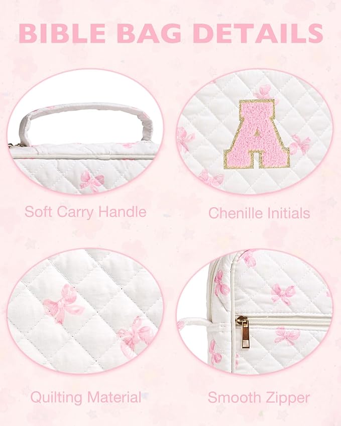 Initial Bible Cover Case for Women Girls Kid Large Bible Cover with Durable Handle Quilted Bible Carrying Case for Girls Bible Study Supplies Accessories (Pink Bow D, one Size)