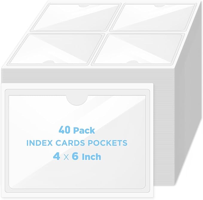 40 Pack Clear Self-Adhesive Pockets, 4" x 6" Index Card Pockets With Top Open Loading, PVC Label Holders for Organizing storage bins, Library Card, Drawer, and Protecting Your Cards