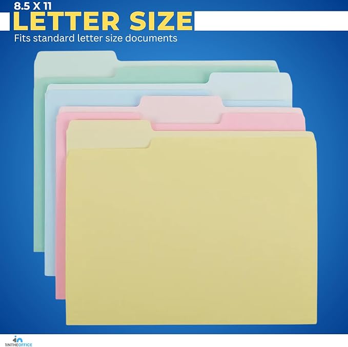 1InTheOffice Colored File Folders Letter Size, Top-Tab File Folders, 3 Tab, 5 Assorted Pastel, 24/Pack