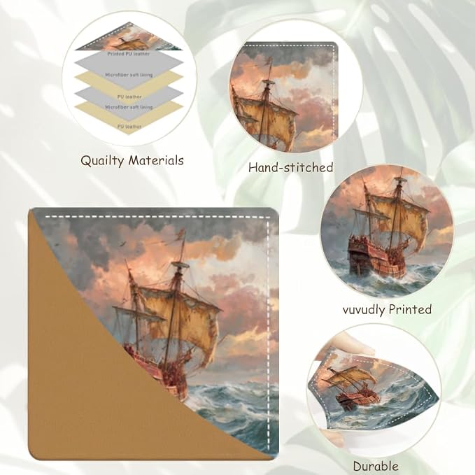 2PCS PU Leather Bookmarks 3.5x3.5 Inch Sailing Ship Ocean Design | PU leather bookmarks for books with watercolor sailing ship design for adventure novels, travel journals and ocean lovers.