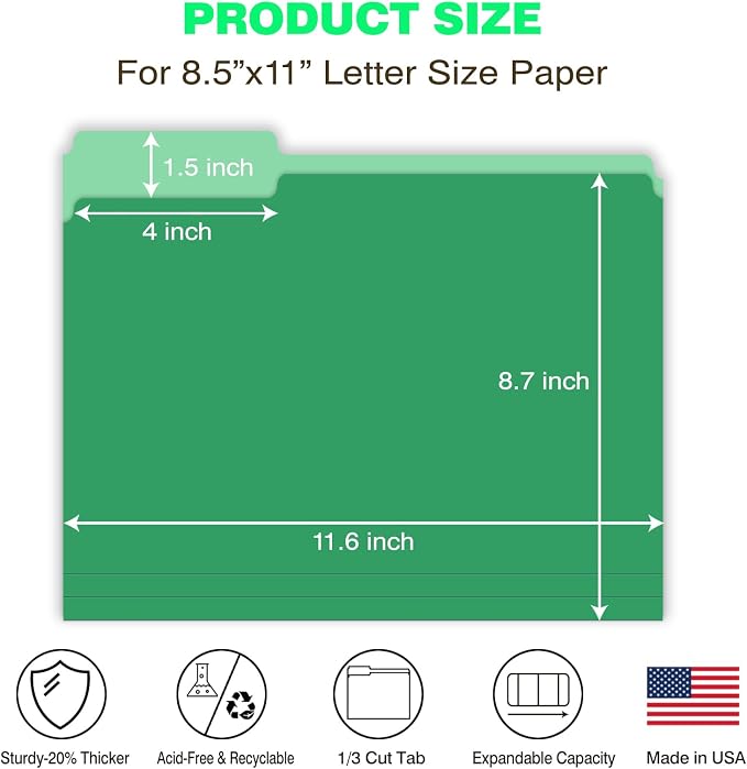Green Manilla Folders File Folders 100-Pack Letter Size 8.5" x 11" Green Colored Folder with 1/3-Cut Tabs Durable Pressboard Folders for Office, School, Home, Business Filing Supplies,Made in USA