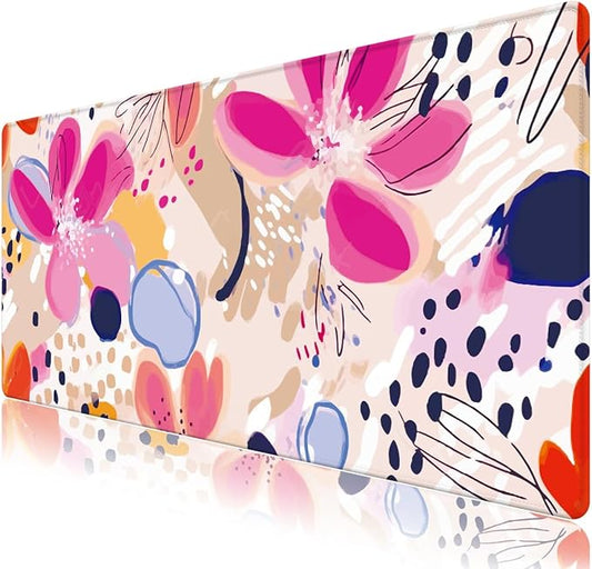 Desk Pad Mouse Pad, Large Gaming Mouse Mat with Stitched Edges, Non-Slip Waterproof Rubber Base Mous Mat for Office Computer Keyboard Laptop Home Decor Women (35.4X17.5 in), Apricot Magenta Flower