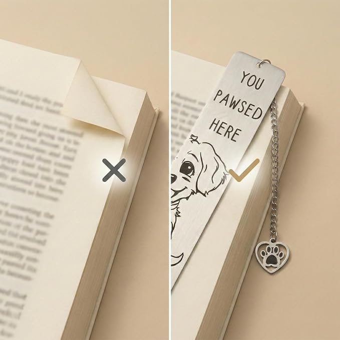 Dog Bookmark, Stainless Steel Metal Bookmark with Paw Charm, Engraved “You PAWSED HERE”, Cute Puppy Book Marker Gift for Dog Lovers & Dog Moms
