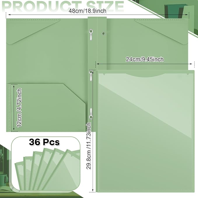 Henoyso 36 Pcs Plastic Folder with Clear Front Pocket and 3 Prong Plastic Folders with Card Slot Pocket Folders with Prongs for School Office (Sage Green)
