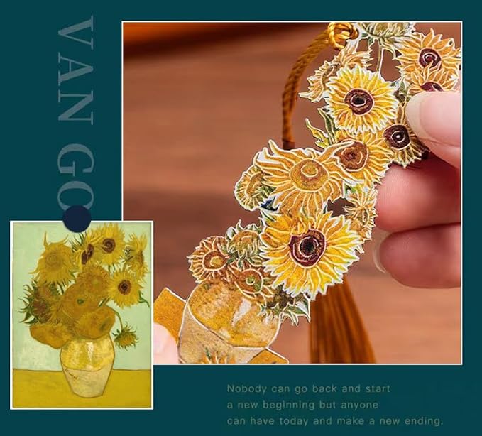 2 Pcs Metal Bookmarks with Tassel, Sliver Hollow Bookmark Van Gogh Oil Painting Theme Bookmark Art Bookmarks for Book Lovers Writers Readers Children Teens Men Women Adults (Sunflower+Water Lilies)