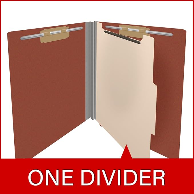 25 Pt. Pressboard Classification Folders, Full Cut End Tab, Letter Size, 1 Divider, Brick Red (Box of 10)