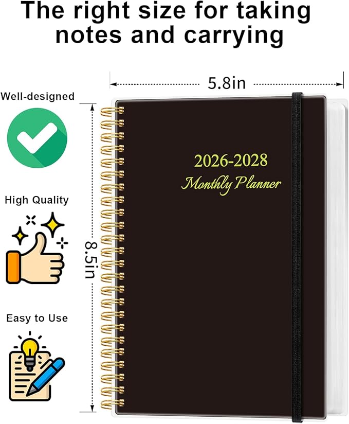 2026-2028 Monthly Planner, 3 Years Calendar from April 2026 - December 2028 with Spiral Binding, Inner Pocket, Elastic Closure, 33 Month Planner for Home | School | Office, 5.8" x 8.5", Black