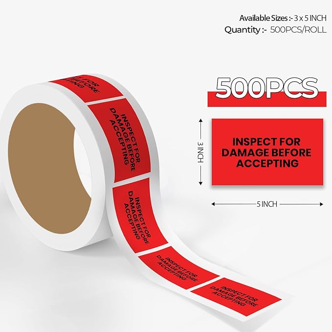 StickerJet Inspect for Damage Before Accepting – Warehouse Receiving Labels – 3"x5" Rectangle Labels – 500 Qty/Roll – Paper, Easy Peel and Stick, Strong Adhesive, No Residue, Made in USA
