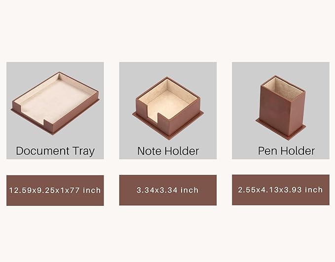 Leather Document Tray - Pen Holder - Note Paper Holder -3 Accessories-Desk Organizer - Office Desk Accessories - Desktop Storage - 3 PCS (Tan)