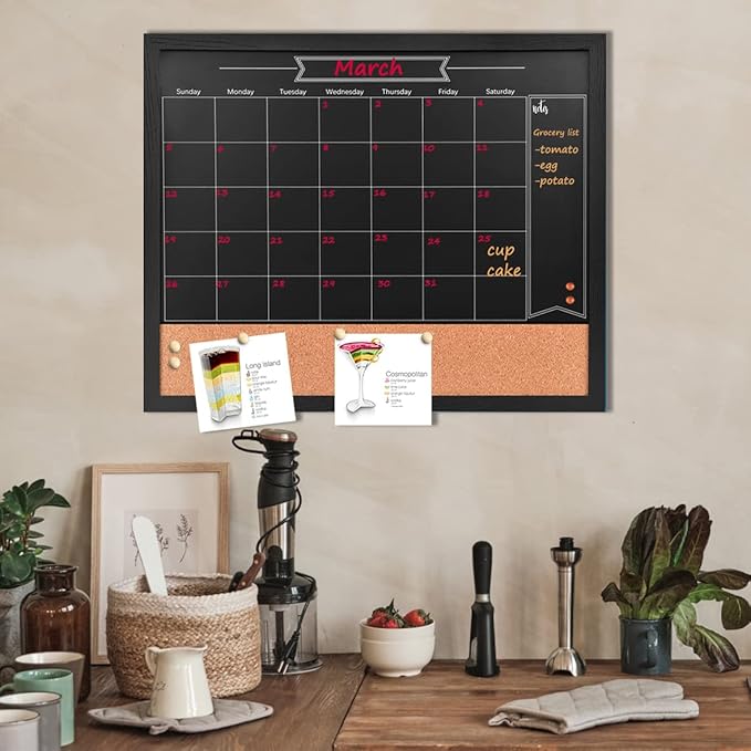 Chalkboard Calendar and Bulletin Combo Board. 18" x 22" Black Wooden Frame，Magnetic Chalkboard.Perfect for Office, Home School Message Board，HBZHB-BK4555-US