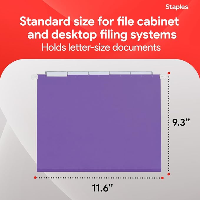 Staples Hanging File Folders, Letter Size, Purple, 1/5‑Cut Tabs, Tear‑Resistant, Includes Tabs & Inserts – 25/Pack
