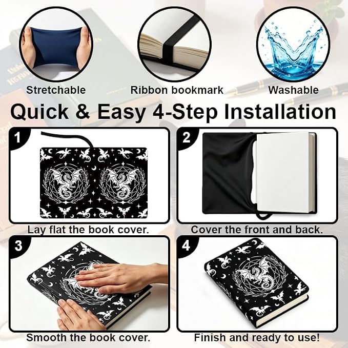 Dragon Patern Stretchable Book Cover 15.7"x9.8", Elastic Washable Book Protector for Hardcover Textbooks Paperbacks, Reusable Polyester Book Sleeve for Women