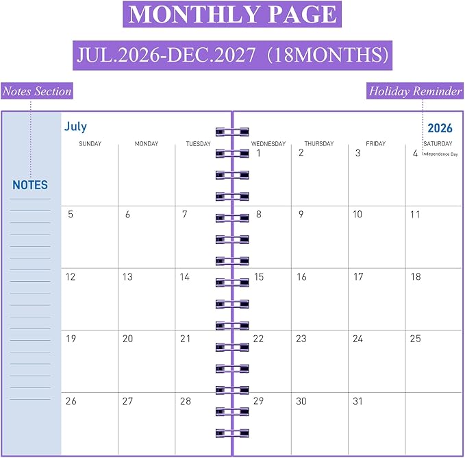 Planner 2026-2027, Weekly and Monthly Planner 2026-2027 Academic Year (July 2026-June 2027), 18 Months Calander Planner, Daily Agenda Book for School Student, Teachers, Office Supplies, Home, 8.2"×5.5" (JUL.2026-DEC.2027 Deep Purple)
