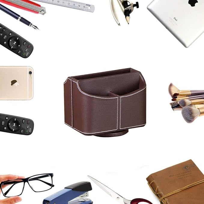 PU Leather Remote Control Holder, 360 Degree Spinning Desk TV Remote Caddy, Desk Organizers and Accessories, for Controller, Media, Mail, Calculator, Mobile Phone, Pen Storage Holder, Brown