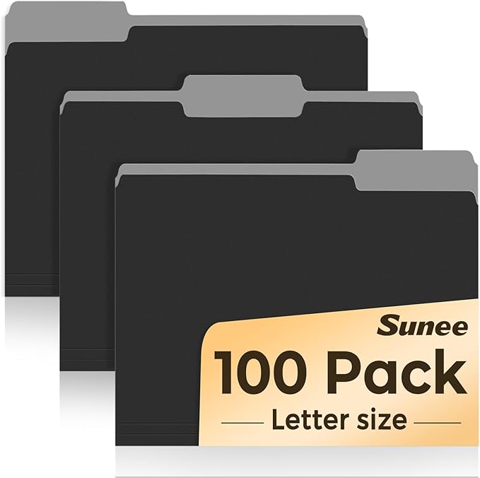 SUNEE File Folders, 100 Pack Manilla Folders 8.5 x 11, Colored Folder Office Organization Home School Folders for Documents Files Paper, Black