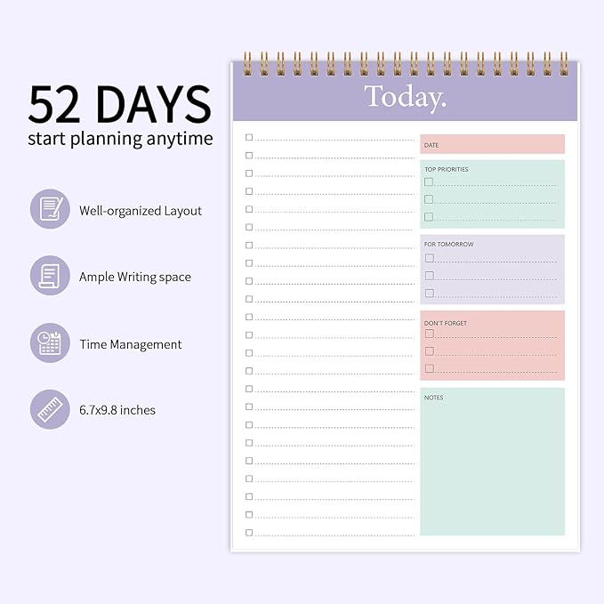 KMQOY To Do List Notepad - 2 Pack Daily Planner Pad Undated 52 Sheets Spiral Today Planner Note Pad Premium Thick Paper 6.5" x 9.8" For Work and Personal Organized - purple