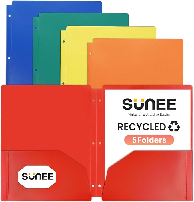 SUNEE 3-Hole Pocket Folders - 5 Pack Assorted Colors, Recycled Plastic, 3-Ring Binder Folders with Pockets for Kids, Students, Teachers, Office