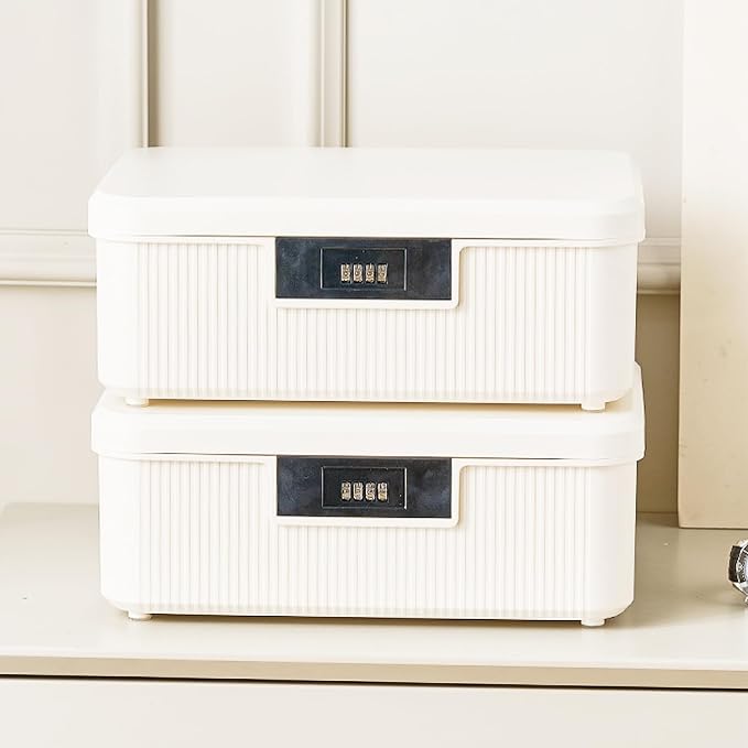 Lockable Storage Container Bin with Combination Lock - 4.2 Gallon Capacity Organizer Box & Plastic Trunk for Office/Home Security | Heavy Duty ABS Storage Box with Stackable Design - White