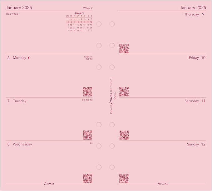 Filofax Calendar Diary Refill, Personal/Compact Size, Week-to-View, Pink Paper, Unruled, English, 2025 (C68478-25)