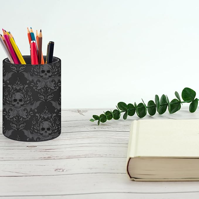 Gothic Skull Pen Holder Pencil Organizer Cute Pencil Cup Desk Decor Makeup Brush Holder PU Multifunctional Office Suppliesfor Home Classroom School