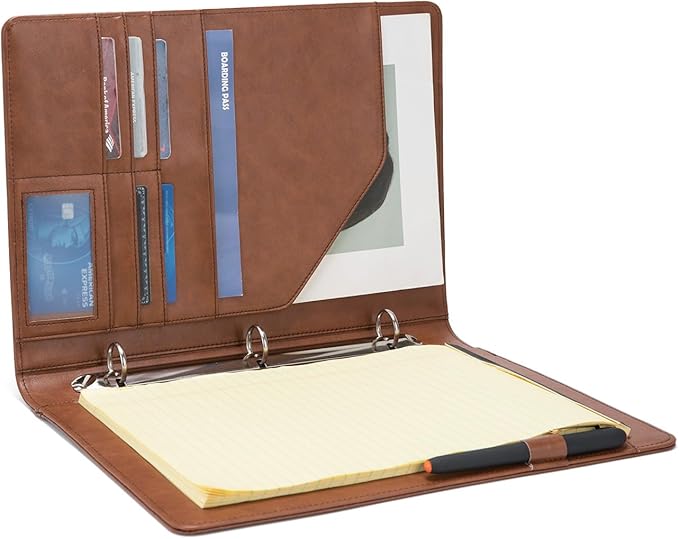Vegan Leather 3 Ring Binder, 8.5 x 11 Letter Size Folio with Pen Holder, Soft Notebook Portfolio Cover, Slim Notepad Padfolio Thin File Organizer for Work Executive Meeting, Brown